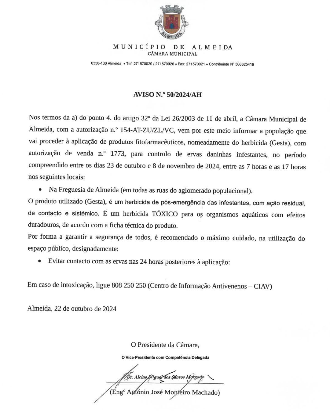 AVISO Nº50/2024/AH - Aviso aplicação herbicida